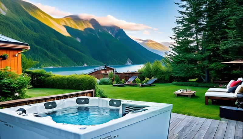 Der Whirlcare Whirlpool Perfection Softub Schweiz auf einem Gartensitzplatz mit Blick auf einen See und Bergen.