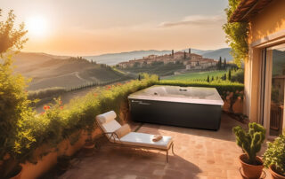 Der Whirlcare Whirlpool Impression in anthrazit auf einer Terrasse mit Blick aufs Land in Italien