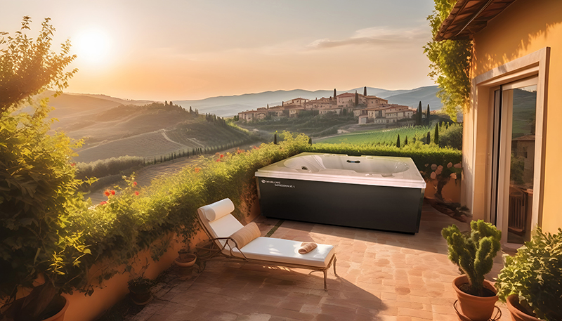 Der Whirlcare Whirlpool Impression in anthrazit auf einer Terrasse mit Blick aufs Land in Italien
